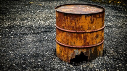 Fototapeta premium Rusty Barrel on an Abandoned Gravel Surface in Urban Environment