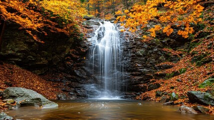 Waterfall cascades through vibrant fall foliage