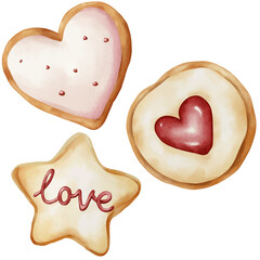Cookies illustration featured with heart or love theme for special day. Simple watercolor cookies painting.