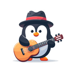 Stylish penguin musician with hat playing guitar. Perfect for music festivals, entertainment events and artistic brand identities.