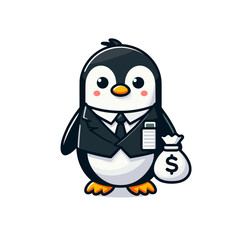 Fototapeta premium Professional penguin banker with money bag. Excellent for financial services, banking institutions and investment advisory marketing materials.