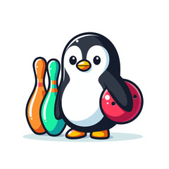Fototapeta premium Penguin with colorful bowling pins in striking position. Perfect for bowling alleys and recreational sports facility marketing campaigns.