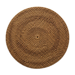 A woven rattan charger plate, its intricate pattern spiraling from the center, isolated on transparent background