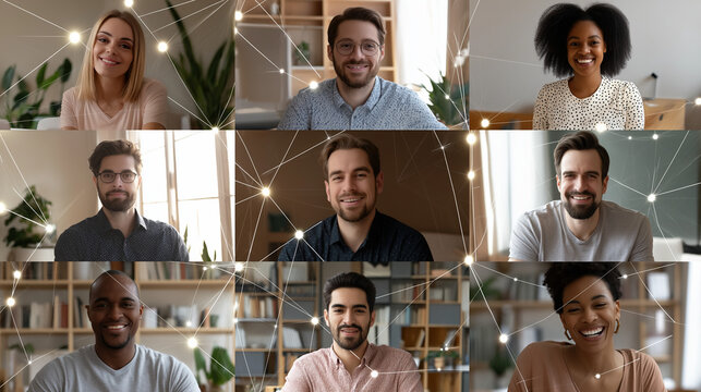 Diverse group of people in a video conference, connected by glowing lines. Perfect for teamwork, collaboration, and communication concepts. - Powered by Adobe