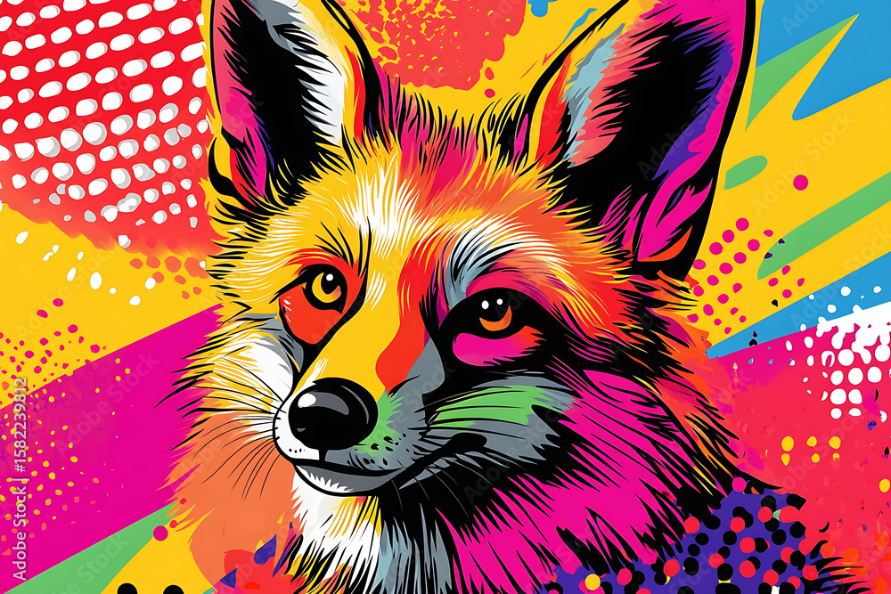 Poster colorful artistic depiction of a fox with vibrant patterns and abstract background elements