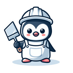 Obraz premium Penguin construction worker in a helmet holding a trowel, cheerful and ready for work.