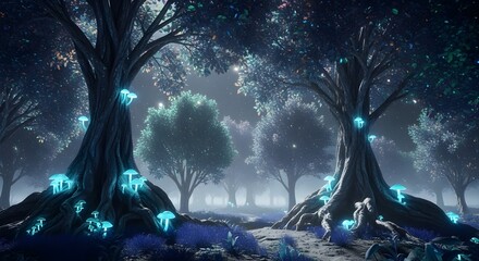 Mystical night forest scene with glowing blue and green mushrooms, ancient twisted trees, dense fog, and soft celestial light illuminating a peaceful, magical, enchanted environment