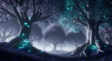 Mystical night forest scene with glowing blue and green mushrooms, ancient twisted trees, dense fog, and soft celestial light illuminating a peaceful, magical, enchanted environment