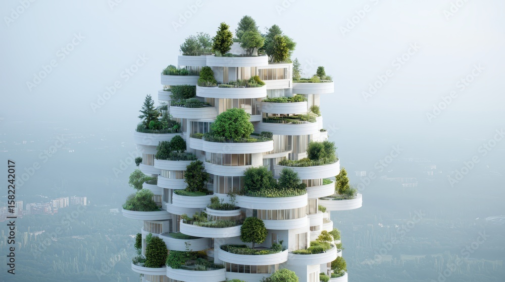 Poster engineer discussing project concept. modern architectural design featuring greenery on tiered levels