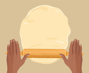 Hands of African American baker rolling dough at table. Vector cartoon flat illustration.