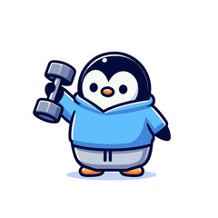 Obraz premium Penguin with dumbbell vector illustration. Fitness bird character for workout and healthy lifestyle activity designs