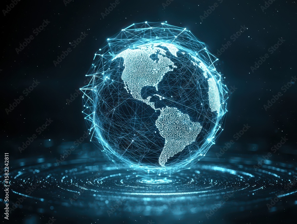 Poster engineer discussing project concept. 3d wireframe globe with glowing connections on a dark backgroun
