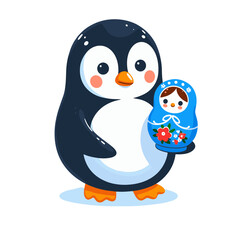 Fototapeta premium Cute penguin character holding a Russian nesting doll with a cheerful expression