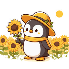 Farmer penguin in sunflower field with straw hat. Perfect for agriculture, organic farming, and rural tourism marketing.