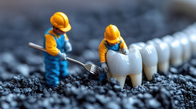 Miniature workers cleaning teeth