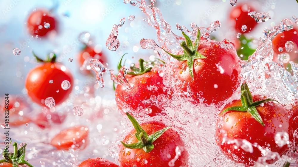 Poster flying tomatoes and splashes frozen in motion against a blurred background with text area