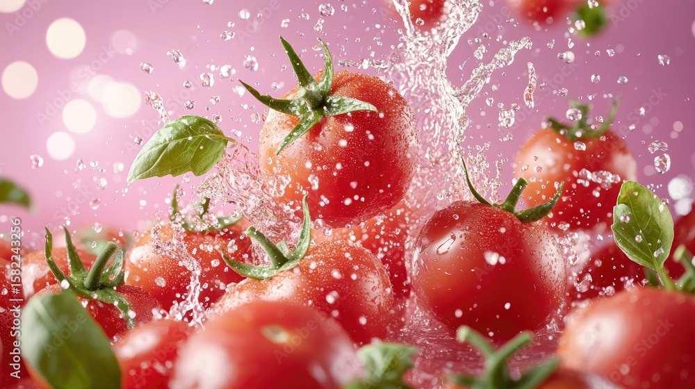 Poster flying tomatoes and splashes frozen in motion against a blurred background with text area
