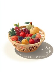 Isometric Fruit Basket With Vibrant Colors and Drop Shadows, Showcasing a Modern Design in a Minimalist Setting
