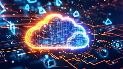Vibrant digital cloud symbolizing data storage, surrounded by abstract technology patterns and neon lights - Powered by Adobe