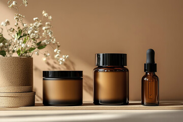 Front view of brown bottles near natural wall with flowers in vase. Natural organic cosmetics, beauty concept.