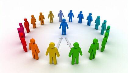 A circle of colorful stylized human figures surrounds and points toward a central blue figure—evoking teamwork, collective focus, and dynamics of leadership and community influence.