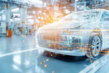 Engineer discussing project concept. Futuristic car design with digital overlay in a modern industrial setting.