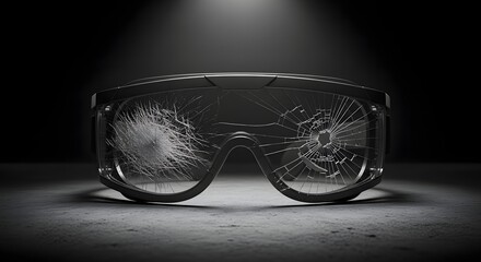 Close-up of black safety goggles with shattered and cracked lenses, emphasizing damage, risk, and the importance of protection