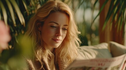 Fototapeta premium Woman reads a magazine in a sunlit, green-filled space