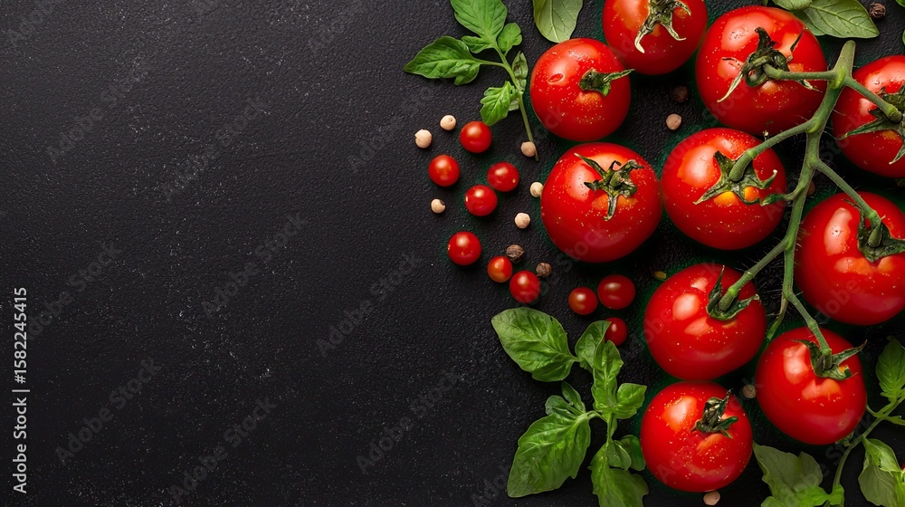 Poster overhead view of crushed tomatoes scattered in chaos, centered space for text