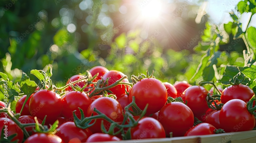 Poster pile of half-smashed tomatoes glowing in sunlight, visual texture and space for copy