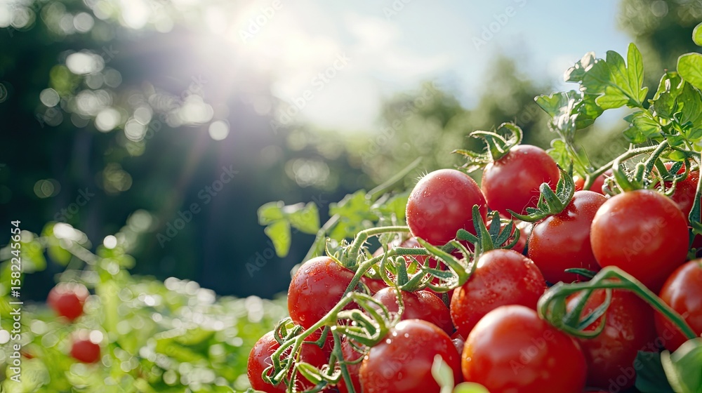Poster pile of half-smashed tomatoes glowing in sunlight, visual texture and space for copy