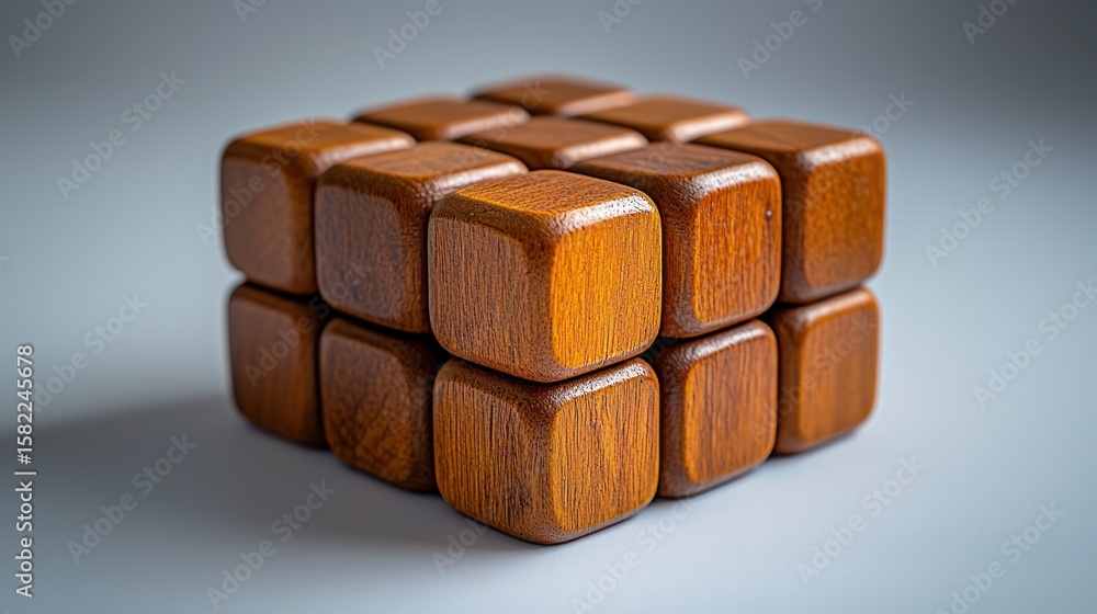 Poster wood block puzzle brown cubes join, creating a larger cube
