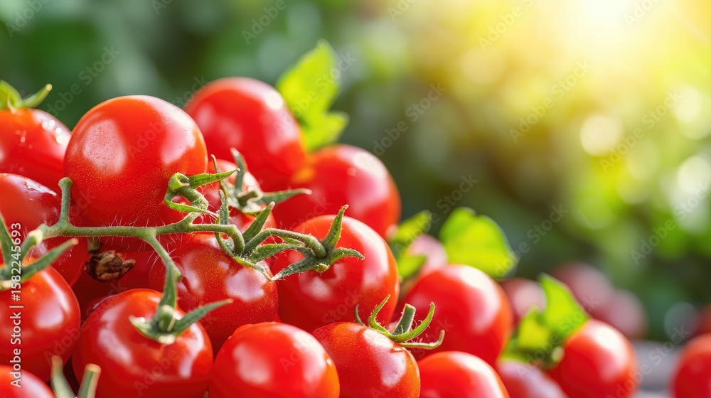 Poster pile of half-smashed tomatoes glowing in sunlight, visual texture and space for copy