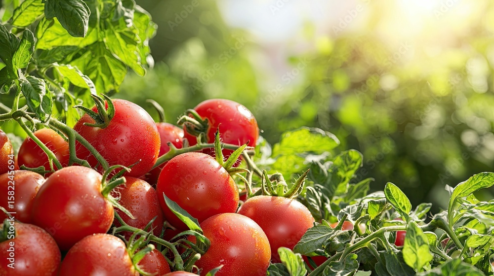 Poster pile of half-smashed tomatoes glowing in sunlight, visual texture and space for copy