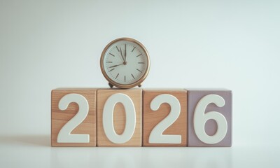 Wooden blocks spell 2026 with clock