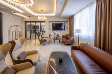 Modern hotel lobby interior with stylish seating
