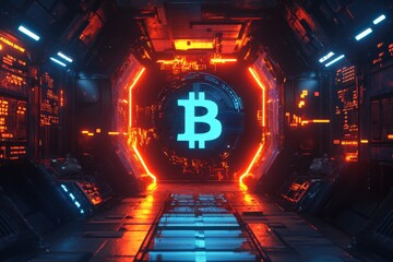 Digital tunnel with a glowing bitcoin symbol.