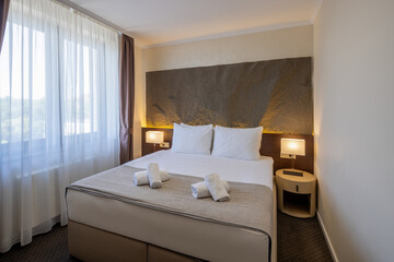 Modern double bed hotel room Interior