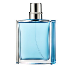 Elegant rectangular glass perfume bottle with blue liquid and silver cap isolated on transparent background