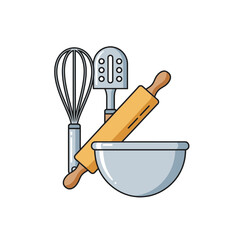 Baking tools: whisk, spatula, rolling pin, and mixing bowl.