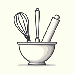 Illustration of baking tools including a whisk, spatula, and rolling pin inside a bowl.
