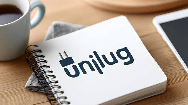 A close-up shot of a notebook on a wooden table, accompanied by a coffee mug and a digital tablet