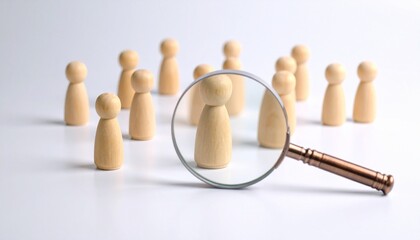 Wooden figurines stand in a circle around a single central figure magnified by a large lens—evoking scrutiny, targeted selection, and symbolic focus within group dynamics.