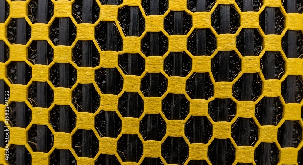 Wall mural a close-up, full-frame macro shot of a black and yellow hexagonal mesh pattern, forming an intricate
