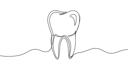 A simple continuous line drawing of a healthy tooth with root structure and subtle ground line beneath
