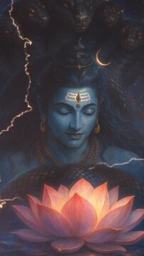 A divine depiction of Lord Shiva with closed eyes in a meditative state, glowing above a radiant lotus. This scene reflects inner stillness and cosmic awakening.