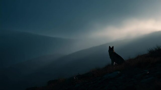 Silhouette of a wolf standing on a mountain during twilight showcasing nature's tranquility and beauty