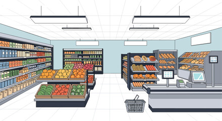 Pixel art grocery store interior with aisles of produce and shelves stocked with food items