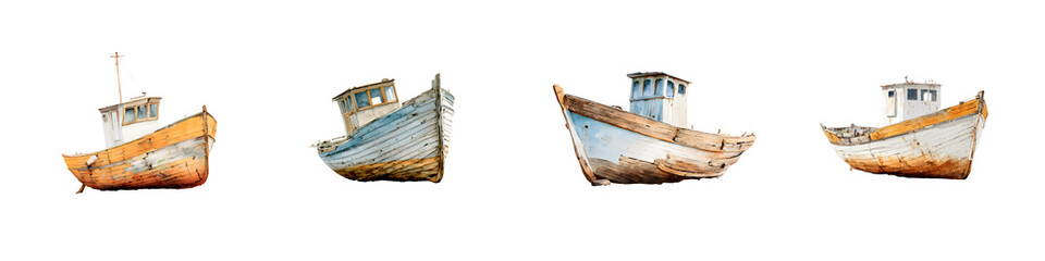 Watercolor Fishing Boats Collection Isolated on White Background