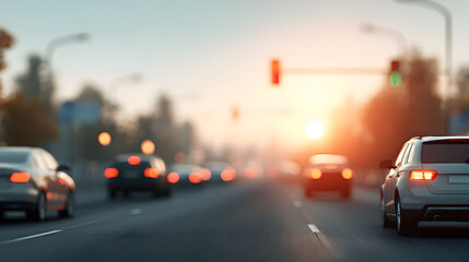 Traffic moving along a busy highway as the sun sets, creating a beautiful bokeh effect. The scene captures the hustle of modern life during the evening commute.